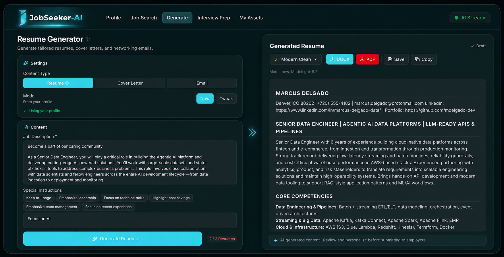 One verified profile generating a tailored resume, cover letter, and interview prep