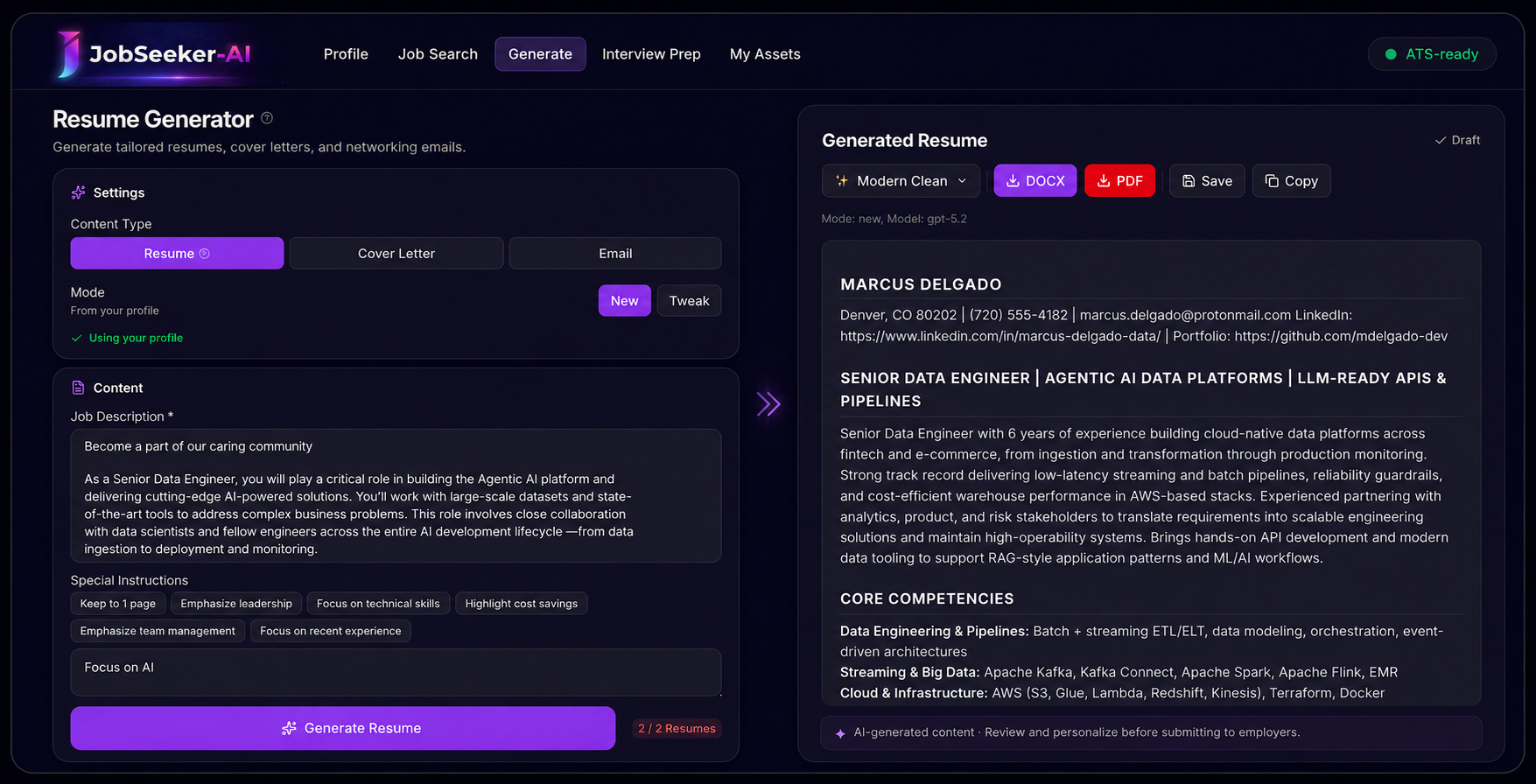 JobSeeker AI dashboard showing a tailored resume being generated from a job description